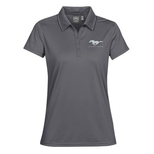 gray women's polo shirt with a mustang pony logo on a white background