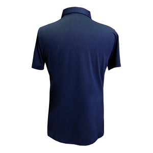 back of a navy blue Ford women's polo shirt with Ford script on a white background