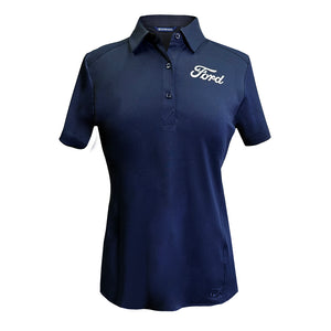 navy blue Ford women's polo shirt with Ford script on a white background