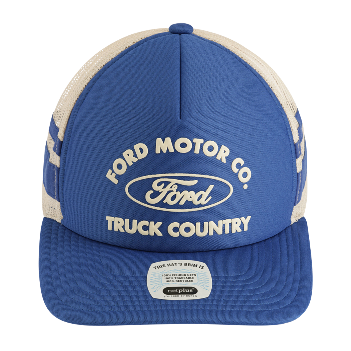 Blue and beige cap with Ford Motor Co. branding on a white background
