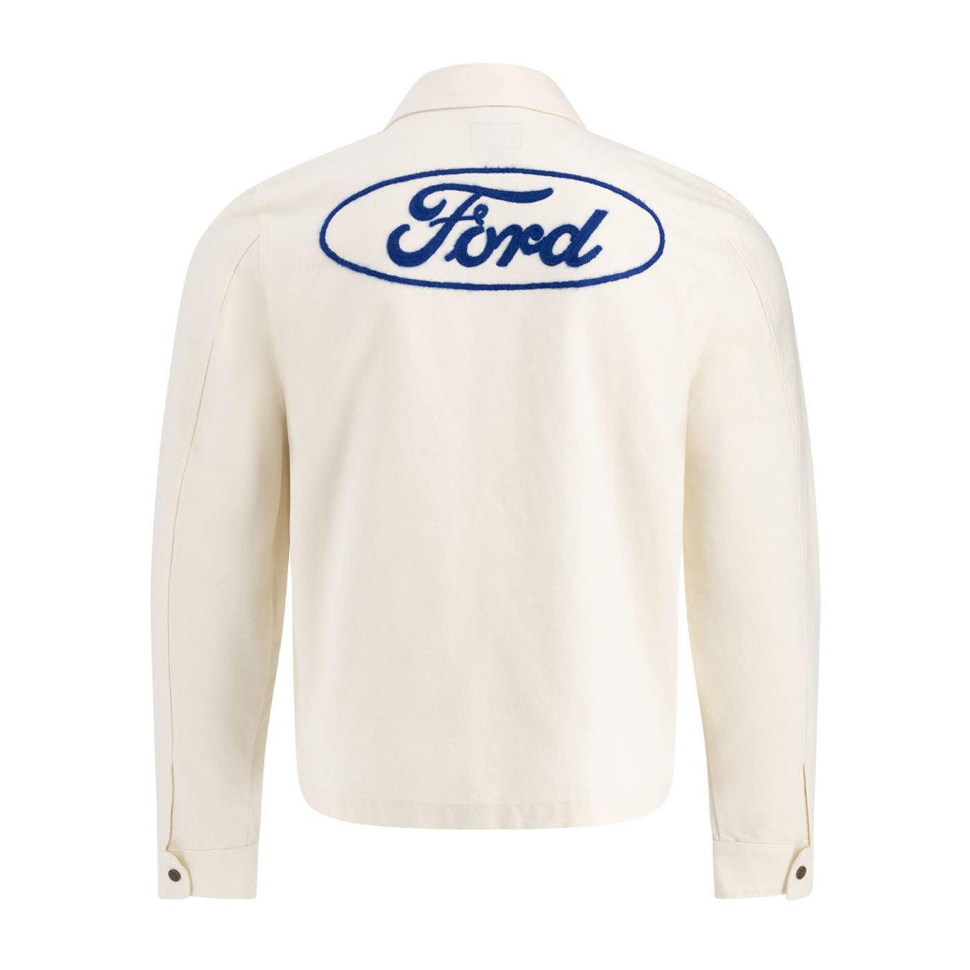 White jacket with Ford logo on the back against a white background