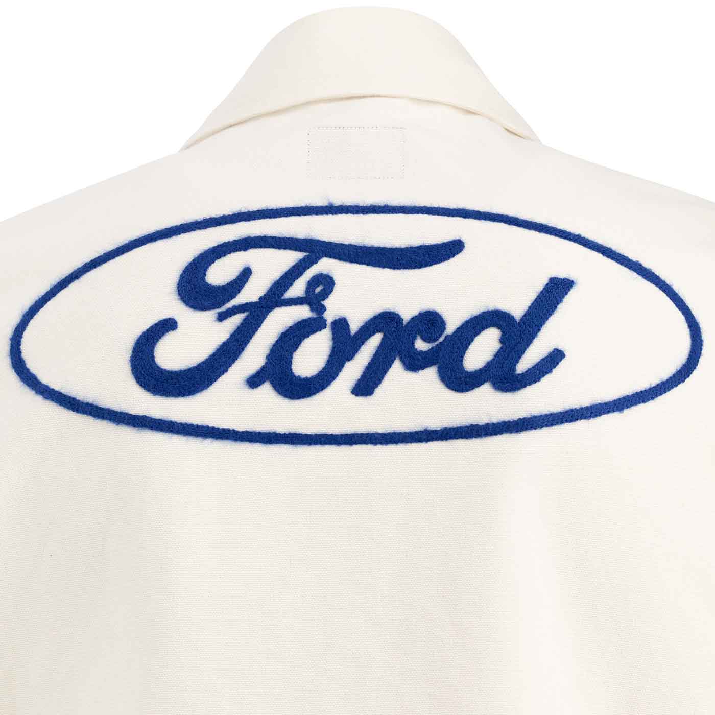 White shirt with blue embroidered 'Ford' logo on a white background
