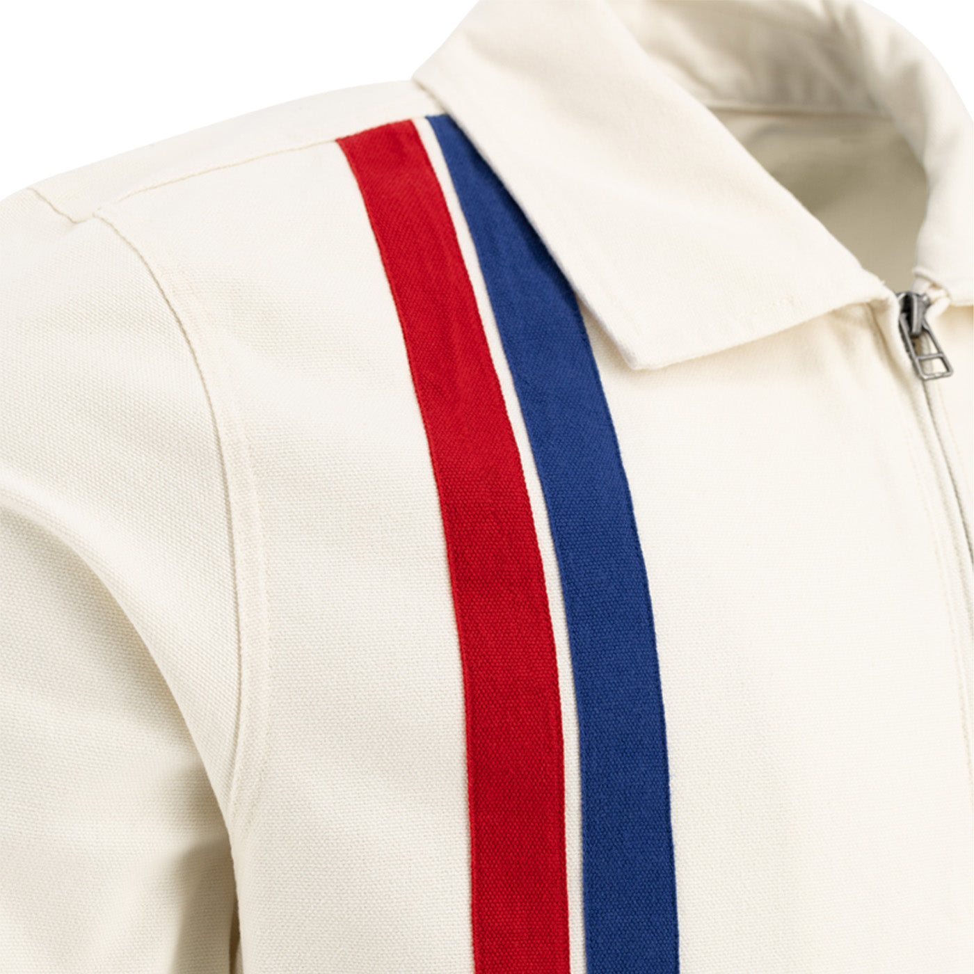 Close-up of a white jacket with red and blue stripes on a white background