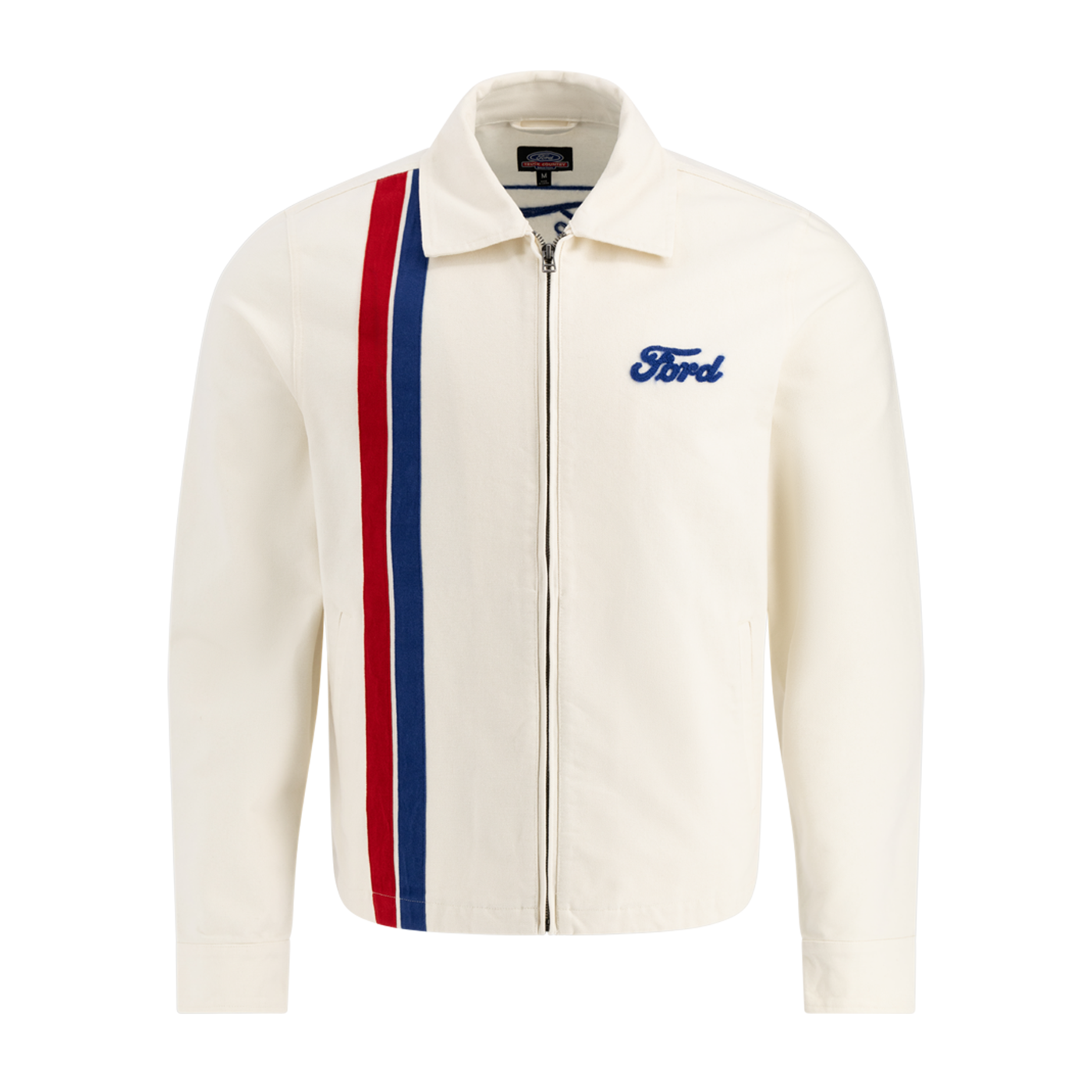 White jacket with red and blue stripes and Ford logo on a white background