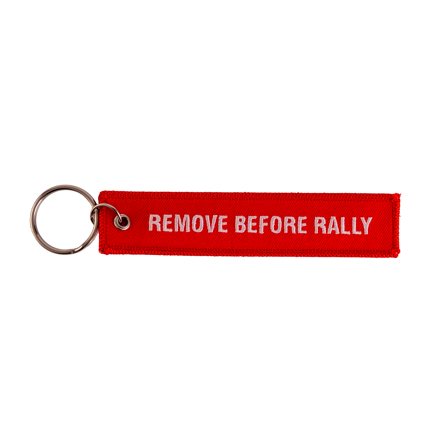 Red keychain with 'REMOVE BEFORE RALLY' text on a white background