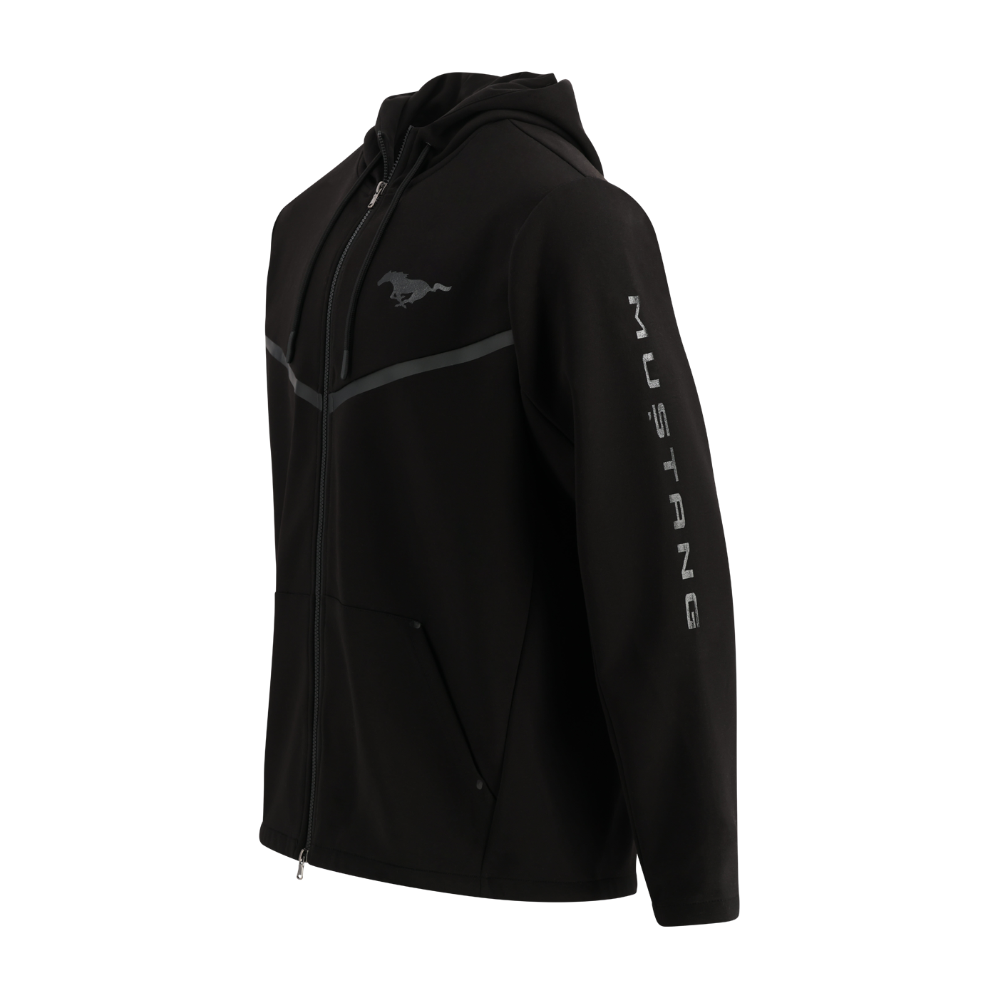 Black hoodie with 'Mustang' branding on a white background
