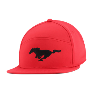 Red cap with a black horse logo on a white background