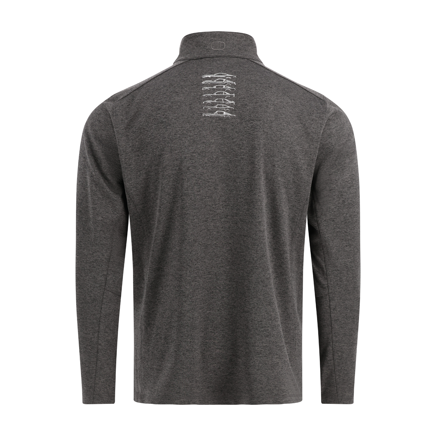 Dark gray long-sleeve shirt with a small logo on the back against a white background