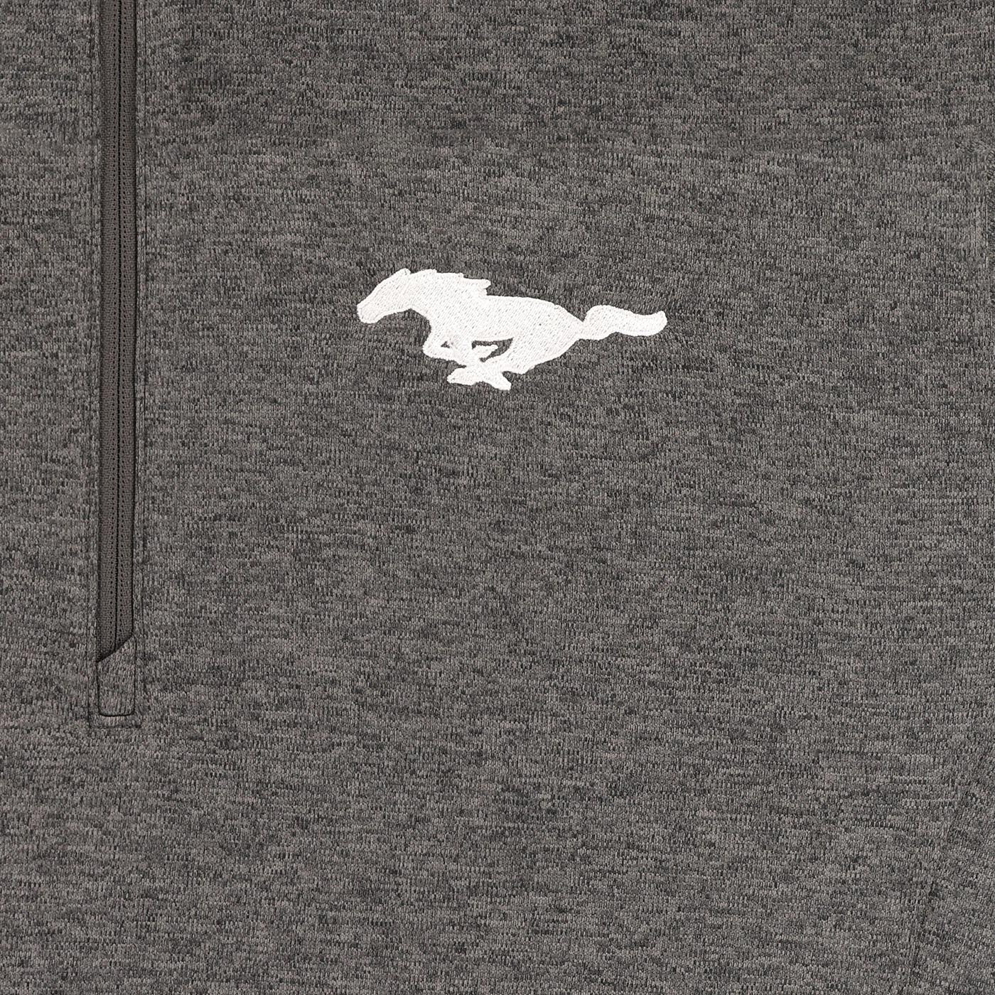 Gray jacket with a white horse logo on a dark gray background
