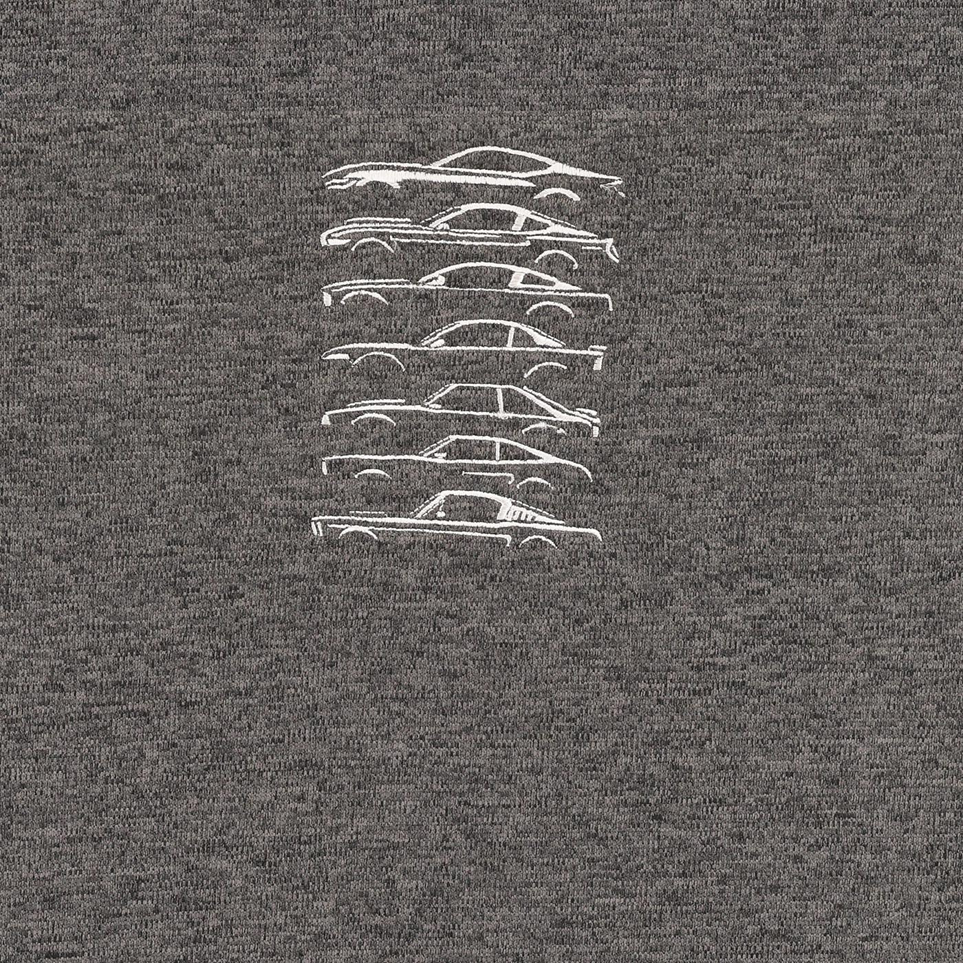 Gray t-shirt with white car illustrations on a plain background