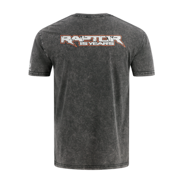 Gray t-shirt with 'Raptor 15 Years' logo on a white background