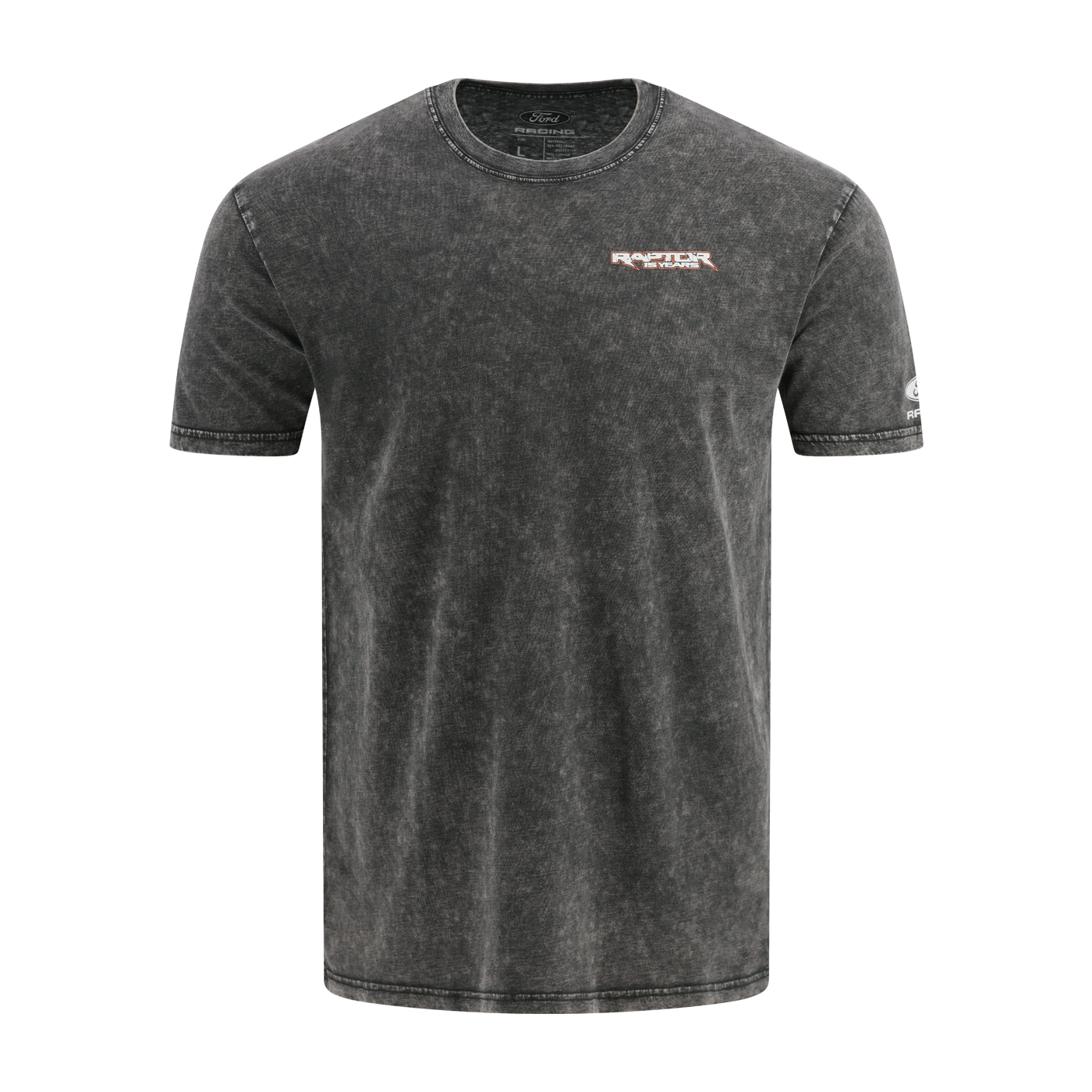 Black t-shirt with a logo on a white background