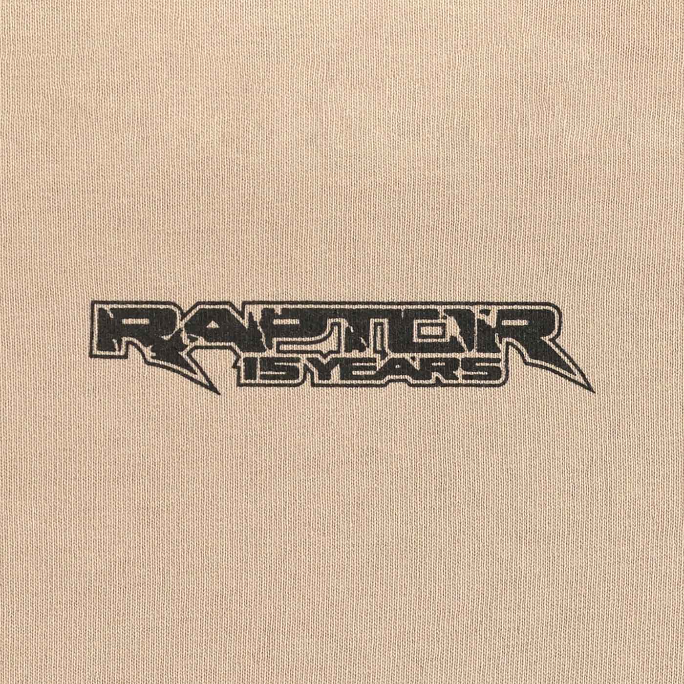 Text 'Raptor 15 Years' on a beige background