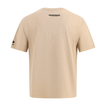 Beige t-shirt with brand logo on a white background