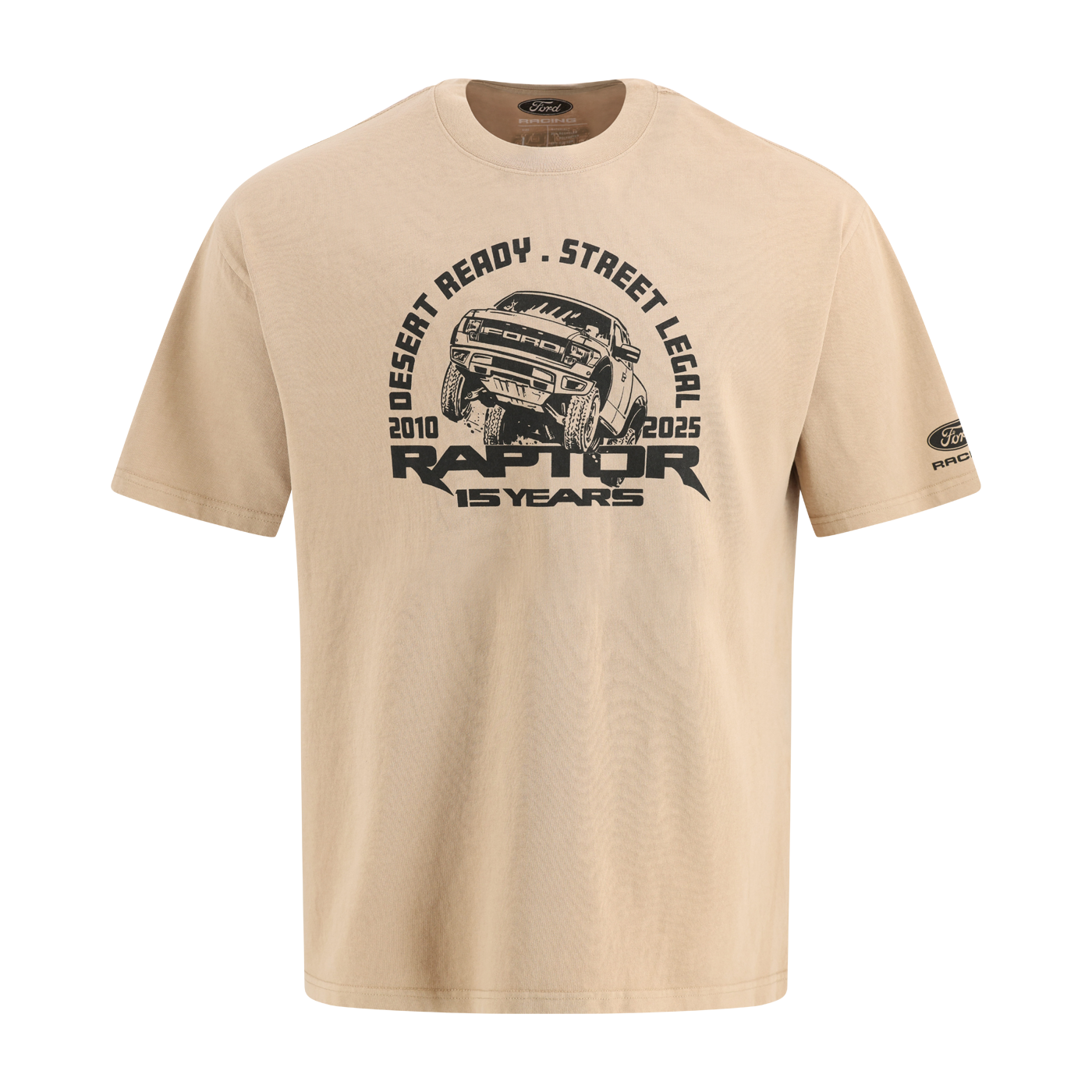 Beige t-shirt with Ford Raptor graphic and text on a white background