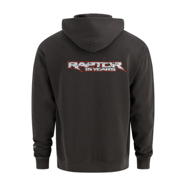 Black hoodie with 'Raptor 15 Years' logo on the back against a white background