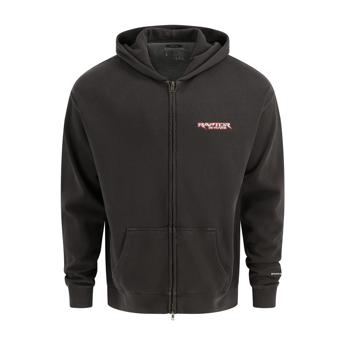 Black hoodie with a logo on the chest against a white background