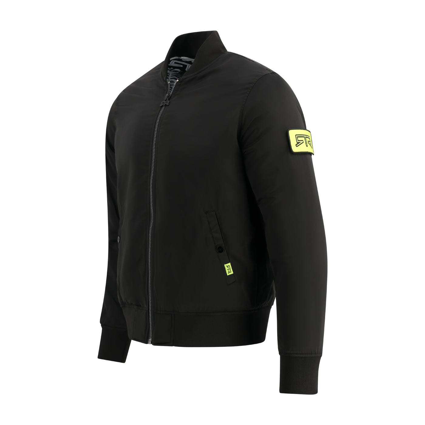 Black ford rtr jacket with a yellow RTR patch on a white background