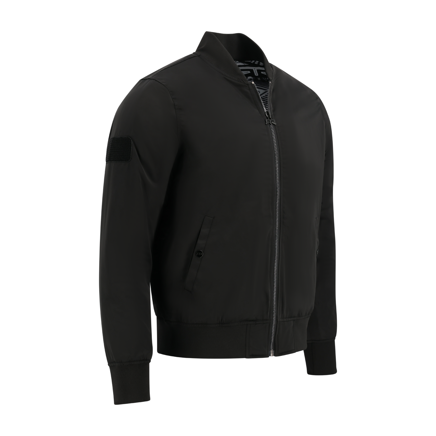 Black bomber jacket on a white background