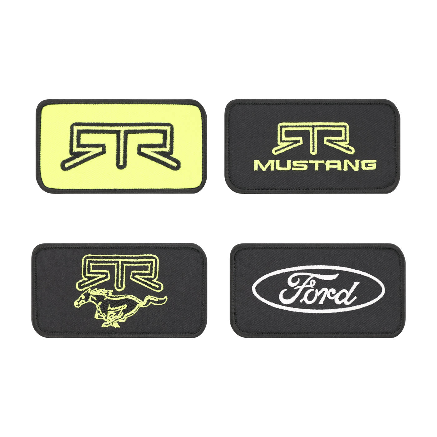 Set of four patches with ford mustang and RTR logos on a white background