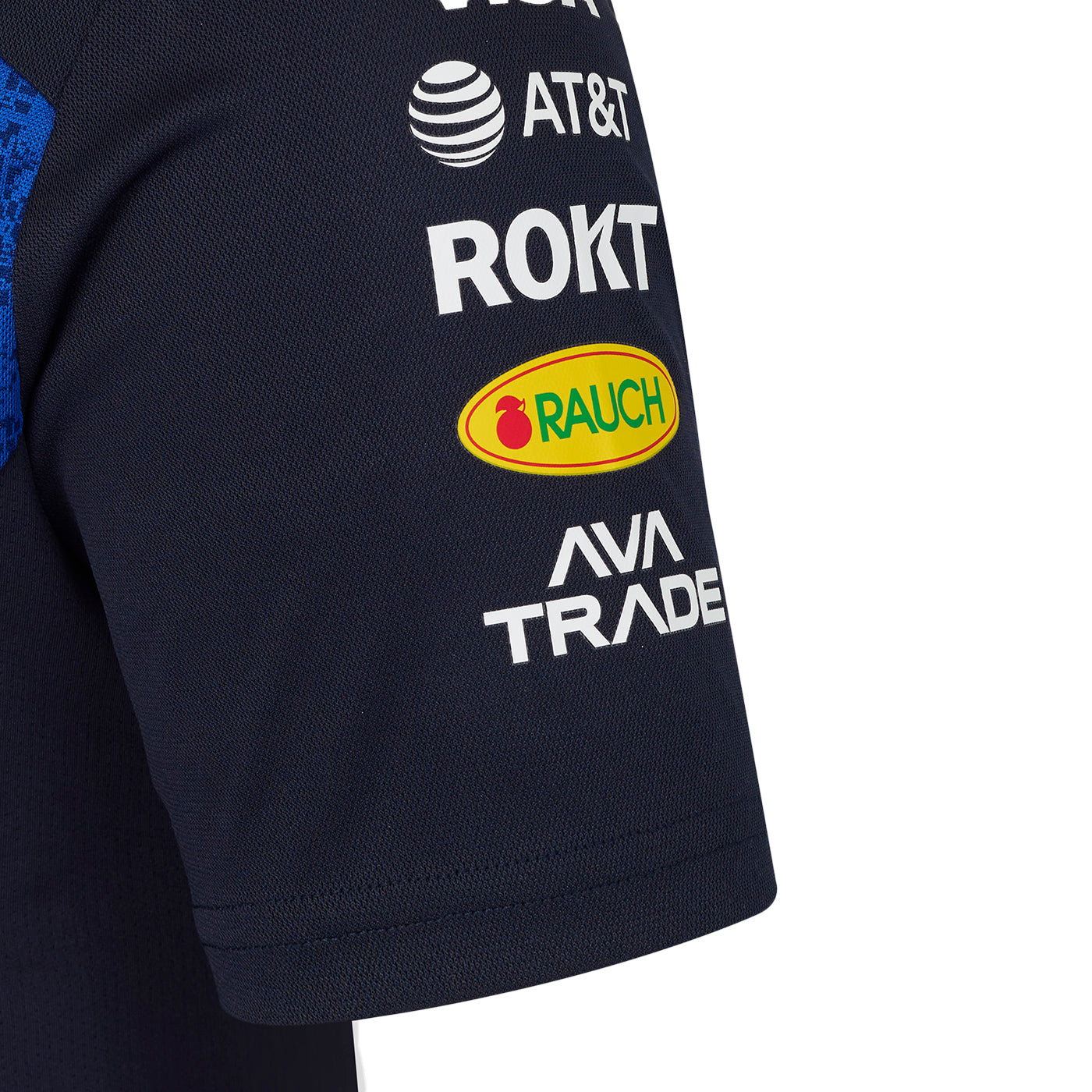Black shirt with various logos including AT&T, ROKT, RAUCH, and AVATRADE on a white background