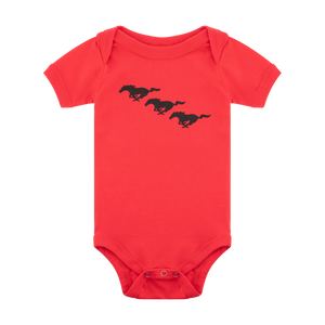 Red baby onesie with black Ford Mustang horse design on a white background