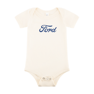 Beige baby onesie with 'Ford' printed in blue on a white background