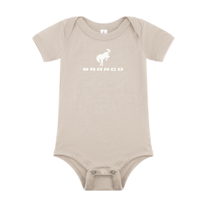 Beige baby onesie with a white Ford Bronco graphic and text on a white background