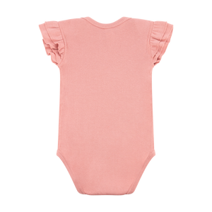 Pink baby onesie with ruffled sleeves on a white background