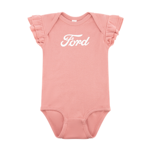 pink ford baby onesie with flutter shoulders