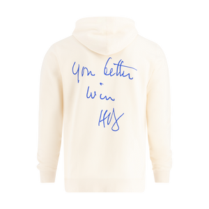 White hoodie with blue "You better win" text on a white background