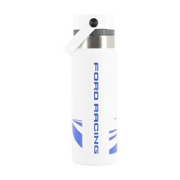 White water bottle with blue 'Ford Racing' text on a white background