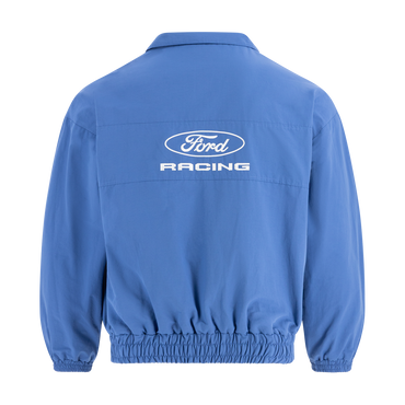 Blue jacket with Ford Racing logo on the back against a white background