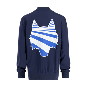 navy blue jacket with grayson clothiers white and blue graphic