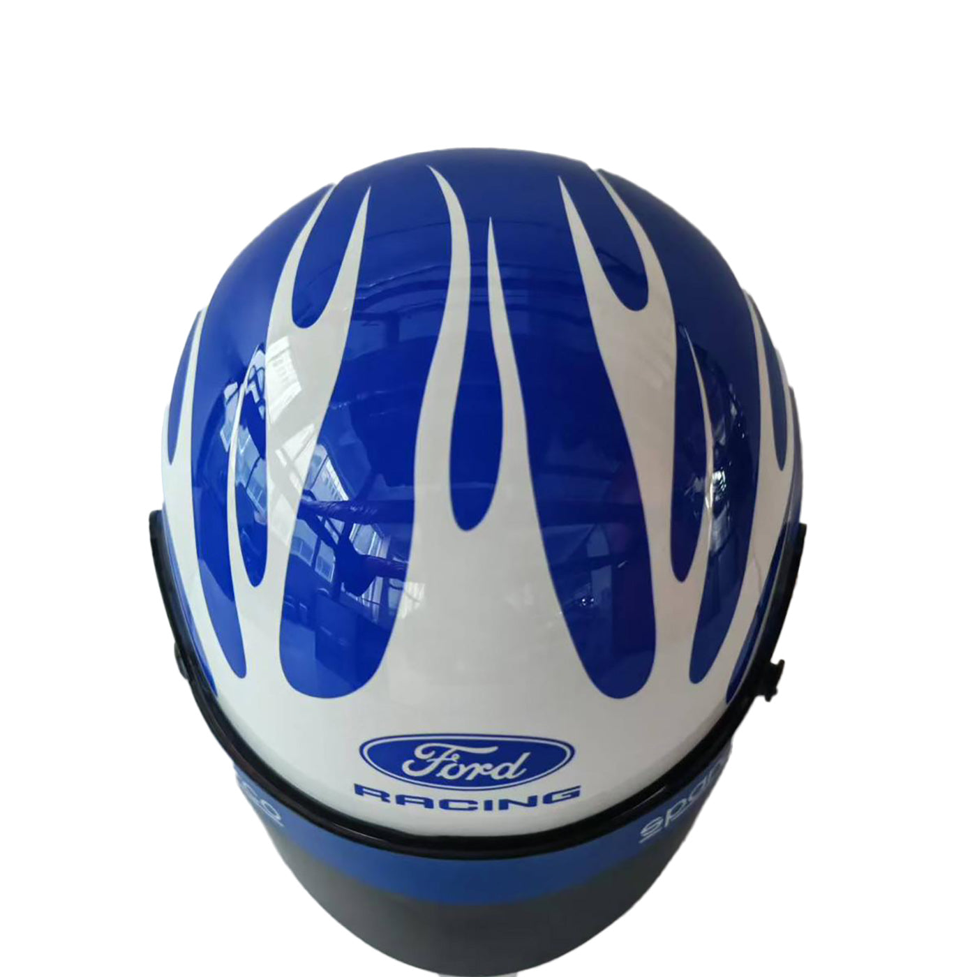 Blue and white racing helmet with Ford Racing logo on a white background
