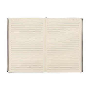 Open notebook with lined pages on a white background
