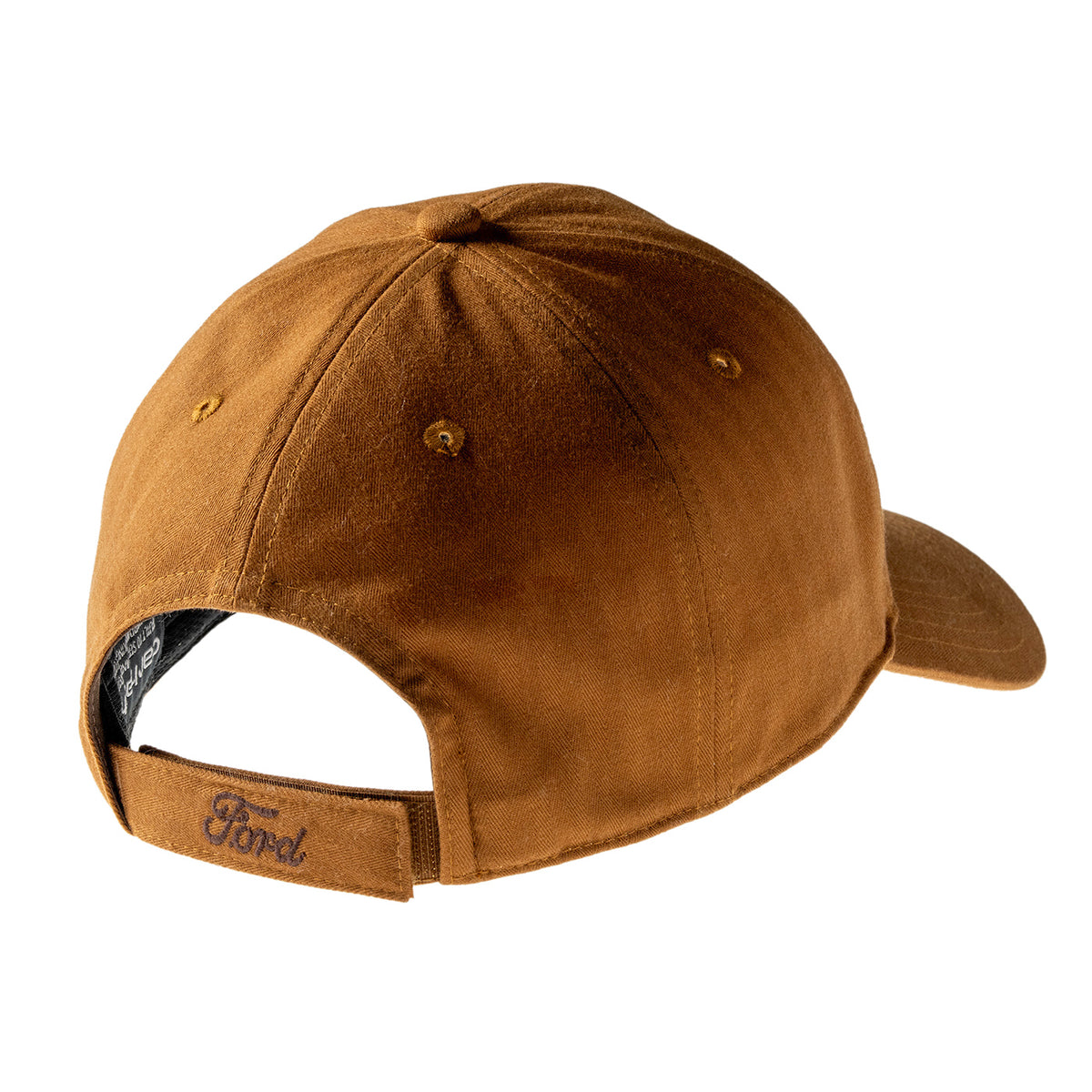 A brown baseball cap shown from the back, featuring a fabric texture, metal ventilation eyelets, and an adjustable hook-and-loop strap with 'Ford' embroidered in brown on the back.