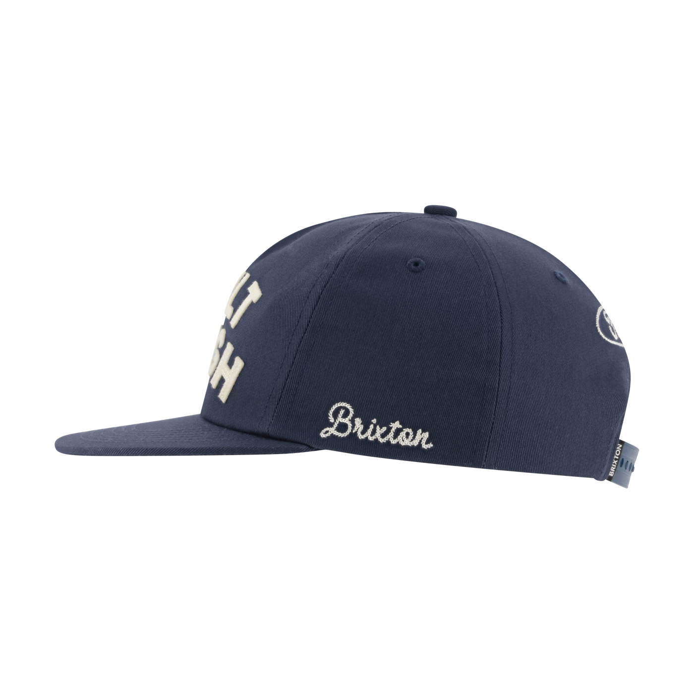 Navy blue cap with 'Brixton' logo on a white background