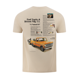 Beige t-shirt with vintage Ford truck graphic and text on a white background