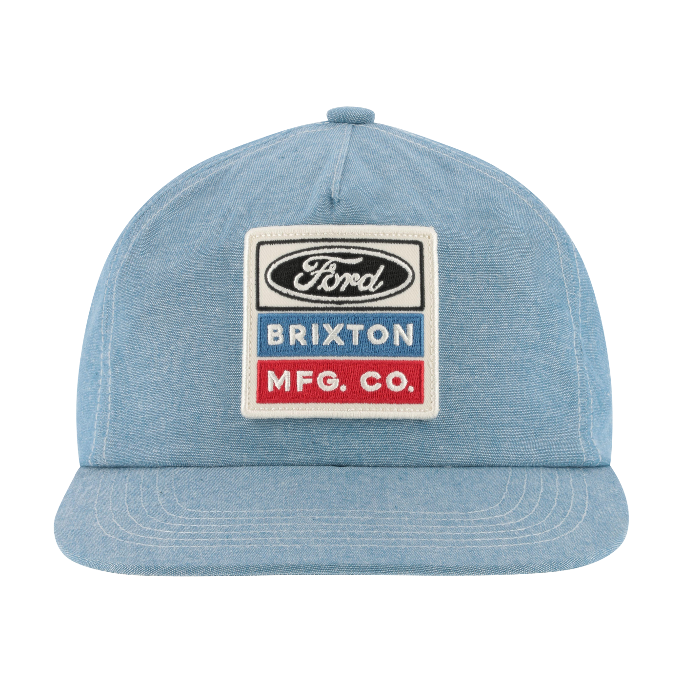 Blue denim cap with Ford and Brixton logos on a white background