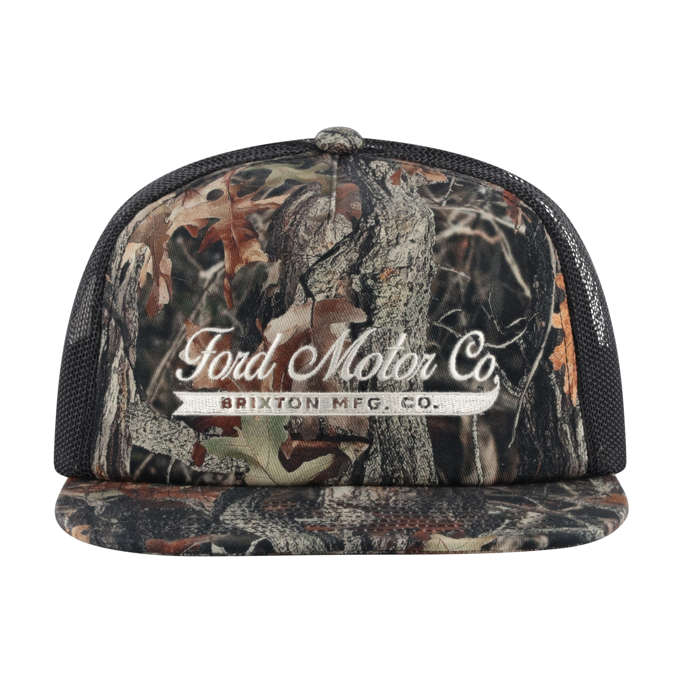 Camouflage trucker hat with Ford Motor Co. and Brixton Mfg. Co. branding on a white background