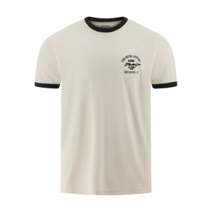 Beige t-shirt with black trim on a white background