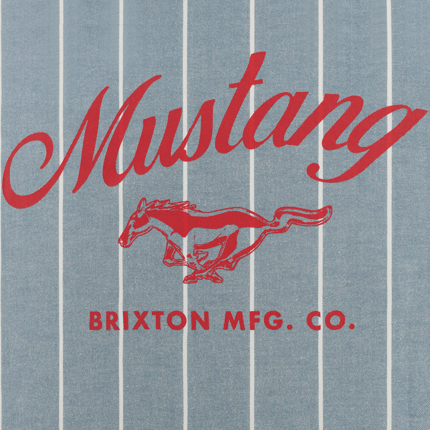 Brixton MFG. Co. Mustang logo on a striped background