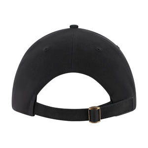 The back view of a black baseball cap with an adjustable black strap and a small gold-tone metal slider buckle, shown on a solid white background.