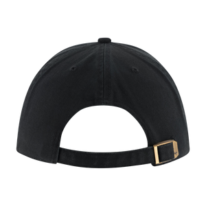 Black cap with a gold buckle on a white background
