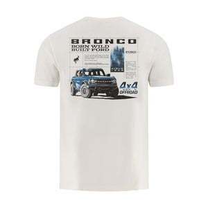 White t-shirt with Ford Bronco graphic and text on a white background