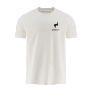 White t-shirt with a black Bronco logo on a white background