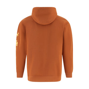 Orange hoodie with a logo on the sleeve against a white background