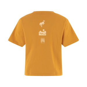 Yellow t-shirt with nature-themed graphics on a white background