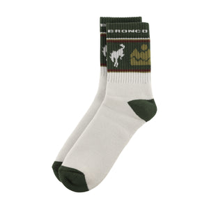 Gray sock with green accents and 'Bronco' branding on a white background